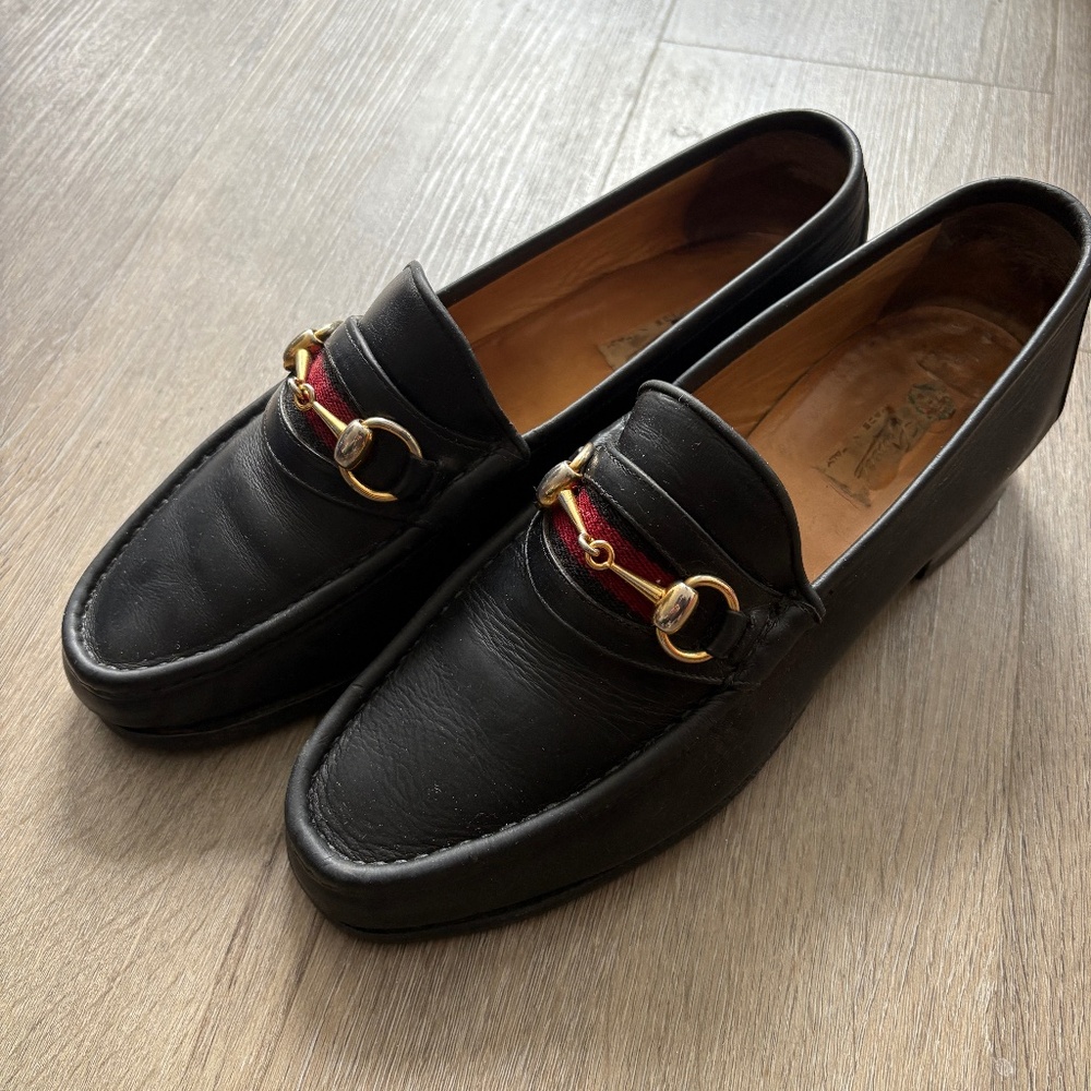 Gucci Black Leather Loafers with Red and Gold Accents